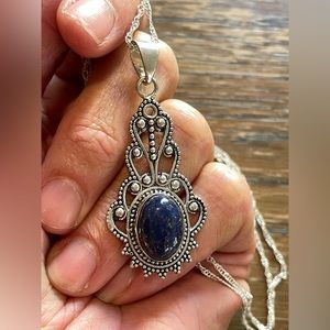 😵 Lapis Lazuli Blue unique Victorian pendant damask bohemian silver 925 small